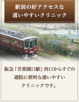駅前の好アクセスな通いやすいクリニック~阪急苦楽園駅西口からすぐの通院に便利なクリニックです